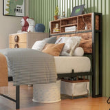 Twin Size Bed Frame with Storage Headboard, Metal Platform Bed with Charging Station, Bookcase 04195824