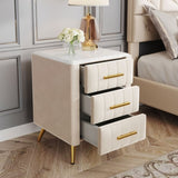 Upholstered Wooden Nightstand with 3 Drawers and Metal Legs&Handles, Bedside Table with Marbling N733P208520A