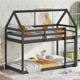 Twin over Twin Rubber Wood Floor Bunk Bed, with ladder,Guardrails,House-Shaped-Bunk Bed, Black W504P206865
