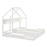 Wood Twin Size House Platform Beds,Two Shared Beds with Shelves and Guardrail, Creamy White WF310564AAA