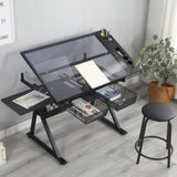 black adjustable tempered glass drafting printing table with chair W34737210