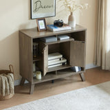 Compact display storage sideboard bookcase cabinet two door four open shelves metal knobs wooden B107P320791