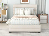 Queen Upholstered Platform Bed with Twin Size Trundle and Two Drawers, Beige 25388983