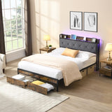 King Bed Frame with Storage, Bed Frame with LED Lights Upholstered Headboard and 2 Drawers, USB & W311P284693