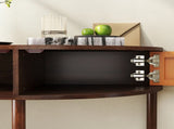Artisan-Crafted Wave-Pattern Demi-Lune Console Table with Brown Woodgrain,Unique Half Moon Design 00611701