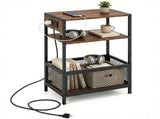 3-Tier Industrial Side with Charging Station, 2 AC Outlets USB Type-C Port Rustic Brown End 25342236