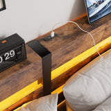 Queen Size Metal Bed Frame with Wooden Headboard, RGB Lights,Charger, Storage Shelf, Noise-Free, No W840P209904
