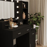 The black vanity with a mirror is equipped with a hair dryer rack, and the dressing tables in the W1320P186707