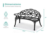 Outdoor Cast Aluminum Patio Bench, Porch Bench Chair with Curved Legs Rose Pattern, Black 50857414