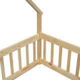 ZNTS Full Wood House-Shaped Floor Bed with Fence, Guardrails,Natural W504P143295