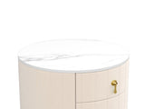 Upholsteredstand with 3 Drawers, Round Bedside Table with Metal Handles,Marbling Stickers Top N733P272609A