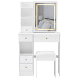 Small Size Left Drawer Desktop Vanity Table Cushioned Stool, Touch Control Sliding LED Mirror, W936P202317