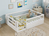 Full Montessori Floor Bed Frame with High Rails, Wood Kids Floor Beds with Light and Storage Shelf, W2593P445207