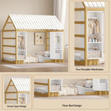 Wooden Twin Size House Bed with Fence and Roof, Kids Floor Bed with Two Movable Wardrobes, Natural N733P240134M