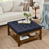Upholstered Coffee Table Tufted Linen Large Square Ottoman with Beech Wood Shelf and Frame, W2353P183873