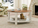 31.5" Round Coffee Table with Storage Shelf, 2-Tier Farmhouse Coffee Table with Rustic Wood Grain W1820P537105