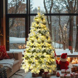 ZNTS 6FT Pre-Lit Spruce Snow Flocked Christmas Tree with Pine Cones, Artificial Xmas Tree with 403 Branch N704P198470A