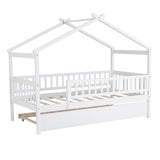 Twin Size Wooden House Bed with Twin Size Trundle, White WF302178AAK