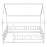 ZNTS Full Size Floor Wooden Bed with House Roof Frame, Fence Guardrails ,White W1791P148196