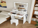 Makeup Vanity Desk with 9 Hollywood Bulbs,with a large mirror, featuring 4 drawers and 1 open W509P556492