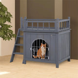 ZNTS Grey 2-Level Wooden Cat House with Lockable Wire Door 89469133