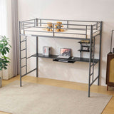 Twin Size Metal Bed with Desk and Storage Shelves, 2 Built-in Ladders & Full-Length Guardrails, 46259316
