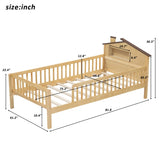 Twin Size Wood Platform Bed with House-shaped Headboard, LED and Built-in Storage, Natural N709P184429M