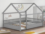 Full Size Floor Wooden Bed with House Roof Frame, Fence Guardrails,Grey W1858123988