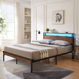 ZNTS Full Size Metal Platform Bed Frame with Wooden Headboard and Footboard with USB LINER, LED Lights, W311134460