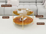 Luxurious Round Coffee Table with-Tinted Tempered Glass Top Walnut Wood Storage Shelf, Sturdy W1935P457159