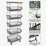 6-Tier Fruit Basket Rack, Stackable Wire Basket Cart with Solid Wood Top, Kitchen Vegetable 90617282
