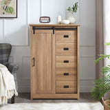 5 Drawers Dresser w/Sliding Barn Door, Farmhouse Modern Tall Dresser 5 Chest of Drawers, Storage W2275P206614