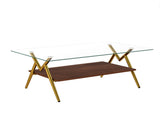 Rectangle Coffee Table with Tempered Glass top and Golden Metal Legs, Modern Table for Living Room , W241142554