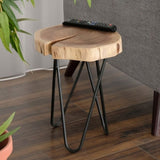 12" Acacia Wood End/Side Table, Living Room Accent Stool, Iron Hairpin Legs, Home Dcor, Brown/Black B011P198366