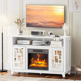 Modern White Embossed Fireplace Media Console, Twin Mirror Doors for 18" Fireplace Insert 70968355