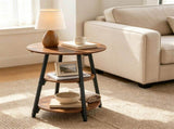 Rustic Brown Black 3Tier Side End Table, Metal Frame Nightstand with 2 Open Storage Shelves, 85236293