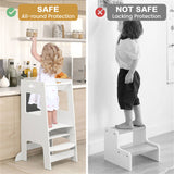 Multi-Use Toddler Kitchen Step Stool With Activity Chalkboard Adjustable Height & Rail - White 75639804