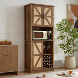 76-Inch Tall Rustic Oak Color Farmhouse Kitchen Faux Rattan Wine Cabinet, Kitchen Bar Cabinet with W2702P183964