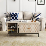 Elegant Veener Weaving Design Coffee Table with 4 Sliding Door, Wooden Center Rectangular Table with W2557P206923