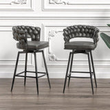 28" Technical Leather Woven Bar Stool Set of 2,Black legs Barstools No Adjustable Kitchen Island 40400662