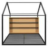 Full Size Metal Bed House Bed Frame with Shelves and Lights, Black N737P176706B