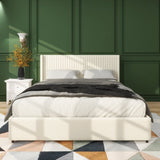 Anna Patented 2-Drawer Storage Bed Queen Size Ivory Velvet Upholstered Wingback Platform Bed, Modern B083P156196