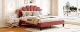 Queen Size Upholstered Platform Bed with Flower Pattern Velvet Headboard, Bean Paste Red WF305291AAH
