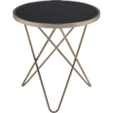 1pc End Table Champagne Finish Frame Round Black Glass Top Mid-Century Modern Design Living Room B2741P332644