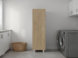 Vernon Slim Storage Cabinet with 4-Tier Shelf and Broom Hangers, Natural Oak B097P474304
