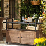 ZNTS Outdoor Bar Cart Table, Large Wicker Island Rolling Cart, Wheeled Buffet Serving Cart with Glass Top 04069114