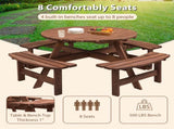 8-Person Outdoor Circular Wooden Picnic Table with 4 Built-in Benches for Patio Backyard Garden, 24709656