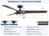 56" Modern Farmhouse Reversible Quiet Motor Ceiling Fan Light with Dark Gray ABS Blades W1367P418170