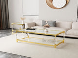 Modern Acrylic Leg Coffee Table, Double Layer Tempered Glass Top with Golden Metal Frame, W1727P194947