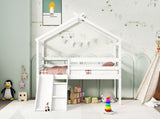 Twin Low Loft House Bed with Slide, Ladder, Safety Guardrails, House Roof Frame,White W504P145316